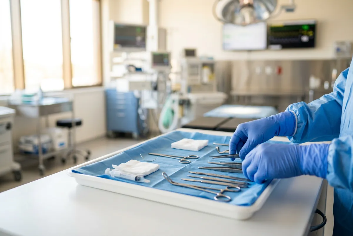 Dłonie lekarza w sterylnych rękawiczkach przygotowujące zestaw do zabiegu implantacji disulfiramu